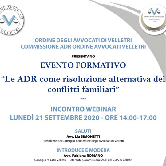 Evento formativo - Le ADR come risoluzione alternativa dei conflitti familiari